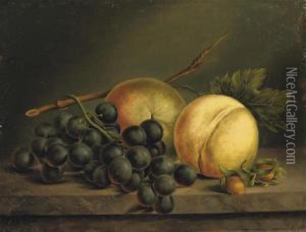 Peaches And Grapes On A Marble Ledge Oil Painting - Willem Verbeet