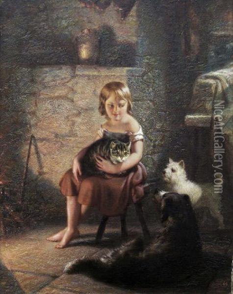A Young Girl In An Interior With Her Pets Oil Painting - Benjamin Franklin Reinhart