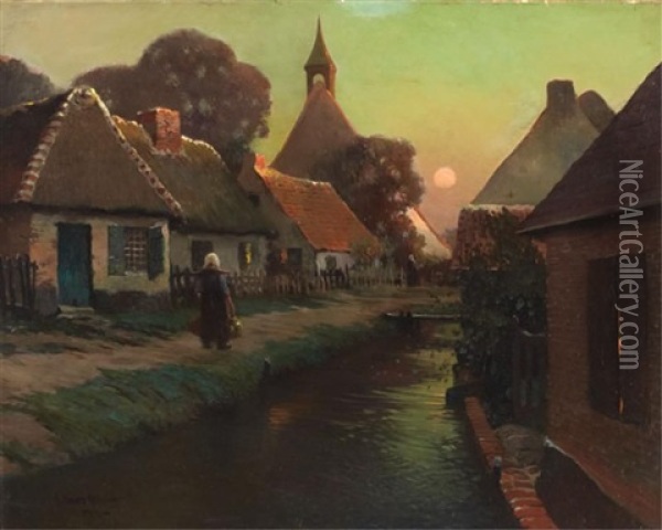 Woman Carrying Water Beside A Canal At Sunset Oil Painting - George Ames Aldrich