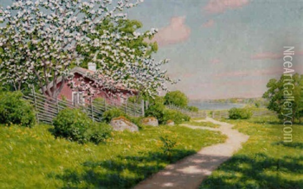 Varlandskap Med Appelblom Oil Painting - Johan Fredrik Krouthen
