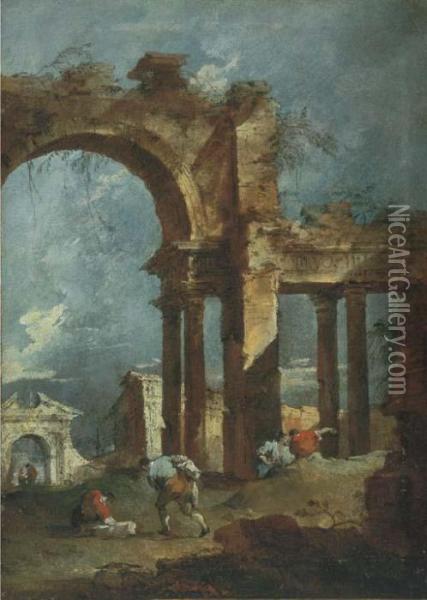 An Architectural Capriccio With 
Figures In Front Of A Ruined Arch,with Other Ruins Beyond Oil Painting - Francesco Guardi