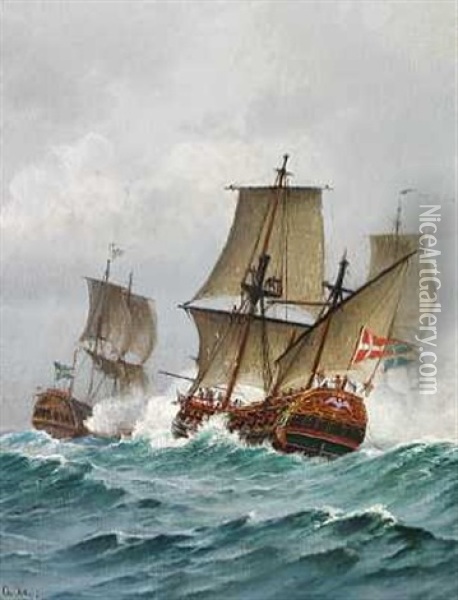 Viceadmiral Niels Juel Slar Den Svenske Feltmarskal Evert Horn I Slaget I Koge Bugt 1. 7.1677 Oil Painting - Christian Blache