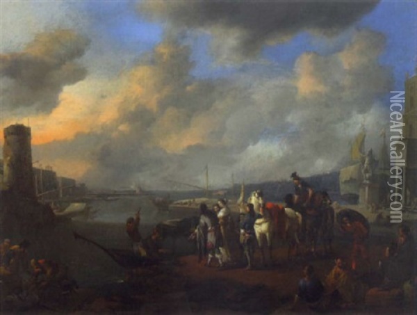 Vue D'un Port Mediteraneen Ou S'affairent De Nombreux Personnages Oil Painting - Johannes Lingelbach