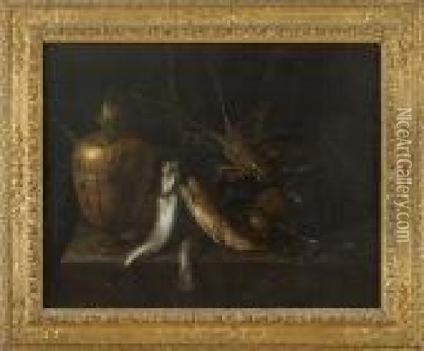 Natura Morta Con Pesci, Crostacei E Vettovaglia In Rame Oil Painting - Giuseppe Recco