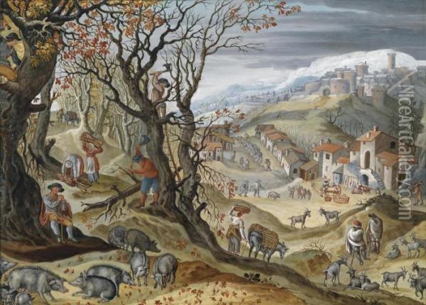 Autumn - A Wide Hilly Landscape With A Swineherd And Woodcutters Oil Painting - Abel Grimmer
