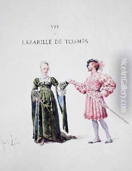 Lazarillo de Tormes with a Woman Oil Painting - Maurice Leloir