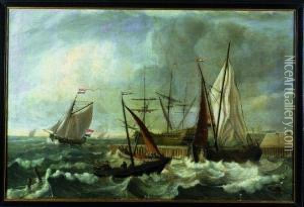 A Wijdschip, A Yacht And A Man Of War Off A Jetty Oil Painting - Jan Claes Rietschoof