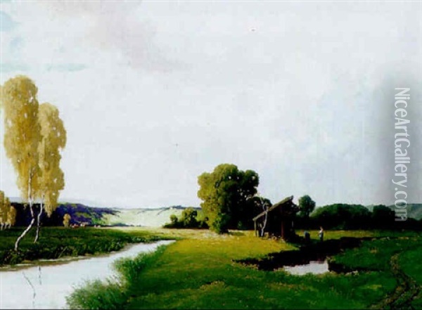 Dachauer Moos An Einem Sonnigen Fruhlingsmorgen Oil Painting - Josef Muehlbeck