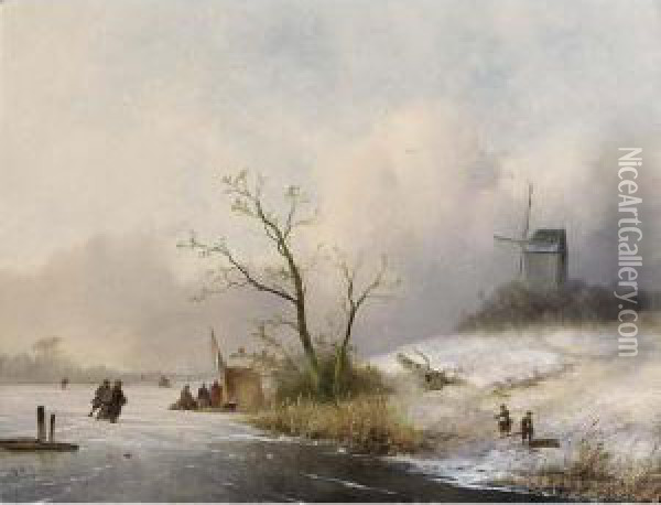 A Winter Landscape With Skaters Near A 'koek En Zopie' Oil Painting - Johannes Franciscus Hoppenbrouwers