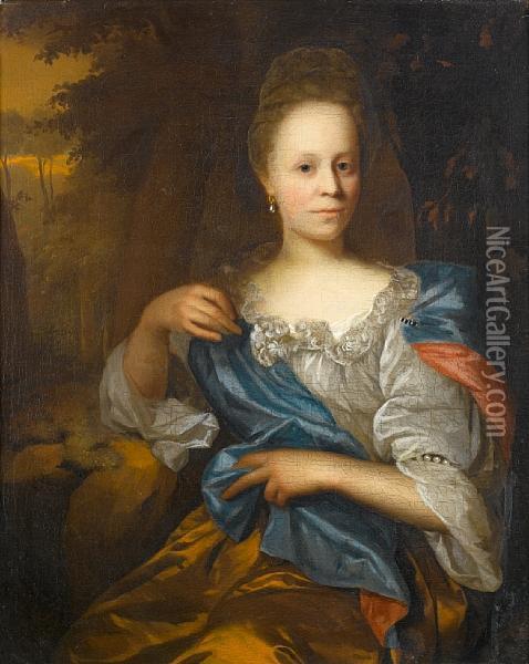 Portrait Of A Lady In A Yellow 
Dress With Awhite Chemise And A Blue Wrap, Seated Before A Landscape Oil Painting - Arnold Boonen