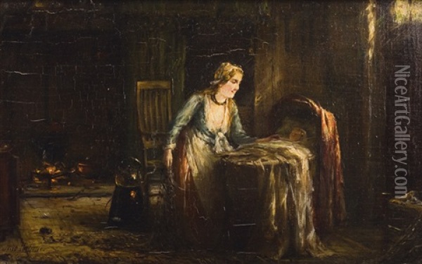 Femme Aupres Du Landeau Oil Painting - Edward Antoon Portielje