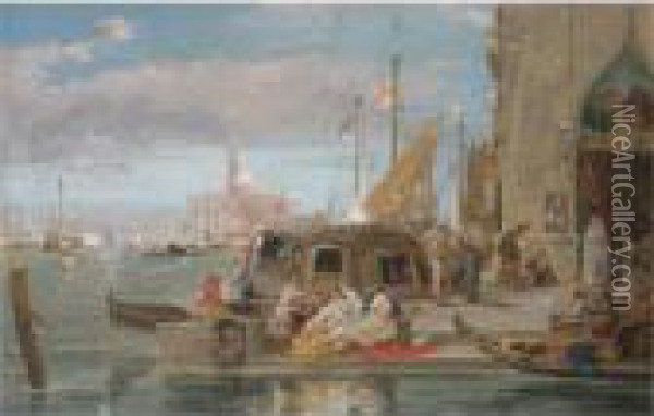 A Quayside, Venice, San Giorgio Maggiore Beyond Oil Painting - James Holland