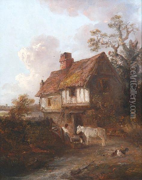Grey Pony And Chickens By A Cottage Oil Painting - Edward Robert Smythe