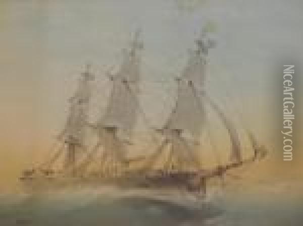 A Three-masted Frigate Oil Painting - Albert Ernest Markes