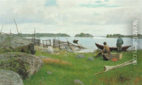 Skargardslandskap Med Fiskare Oil Painting - Elias Erdtman