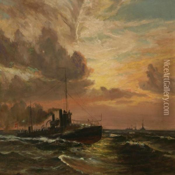 Danish Motortorpedo Boat At Open Sea Oil Painting - Christian Benjamin Olsen