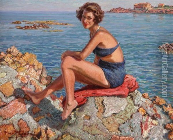 Apres Le Bain Dans La Mer Oil Painting - Piero Focardi