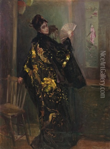 Woman In A Black Kimono Oil Painting - Alexander Oscar Levy