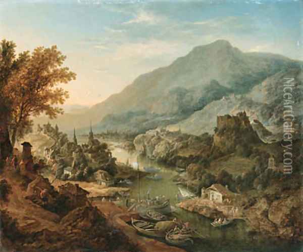 A Rhenish landscape with peasants and boats in the foreground, a town beyond Oil Painting - Jan Griffier