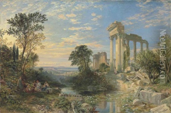 Figures In A Classical Landscape Oil Painting - Samuel Bough