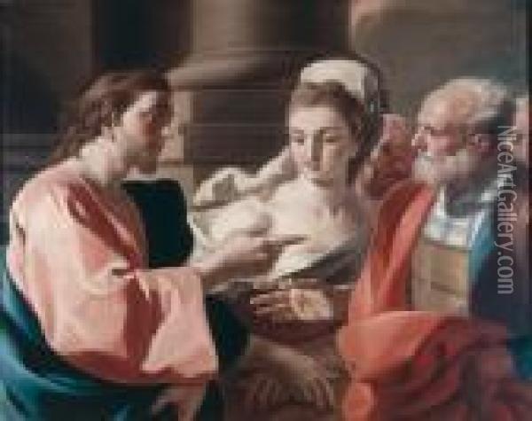 Christ And The Woman Taken In Adultery Oil Painting - Francesco de Mura
