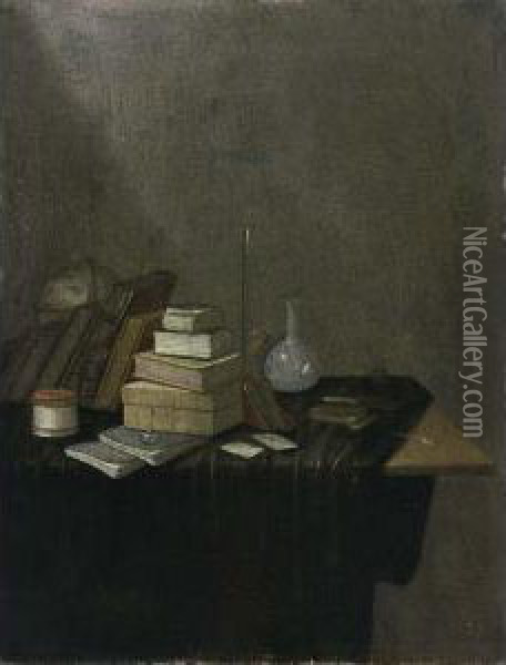 A Still Life With Books, A Globe
 And Glass Flasks Together With A Pipe, All On A Draped Table Oil Painting - Gerrit Van Vucht
