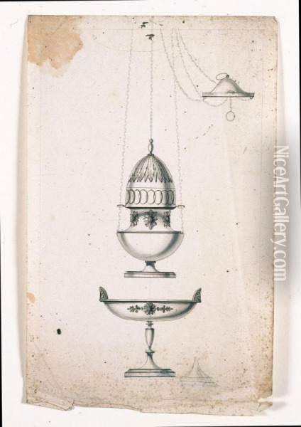 Gruppo Di Disegni Per Argenti: Tre Lampade, Un Calice, Due Placchette Religiose E Un Crocifisso Oil Painting - Giovacchino Belli