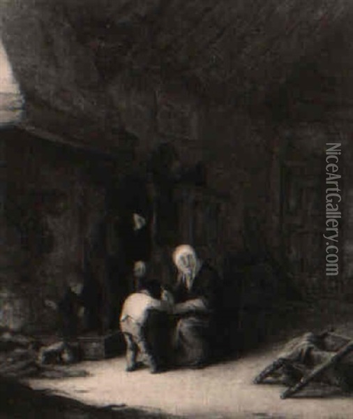 Bauernpaar Mit Zwei Kindern Am Kamin Ihrer Wohnstube Oil Painting - Isaac Van Ostade