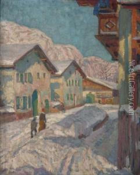 Strasenszene In Einem Gebirgsdorf Im Winter Oil Painting - Otto Weil