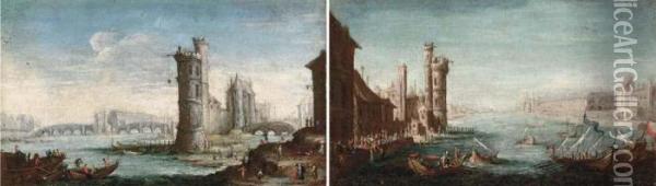 A View Of The Pont Neuf, Paris; And A View Of The Louvre, Paris Oil Painting - Jacques Callot