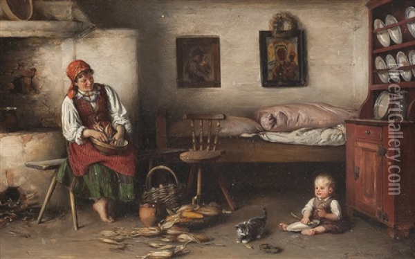 Mutter Mit Kind In Der Stube Oil Painting - Franz Ejsmond
