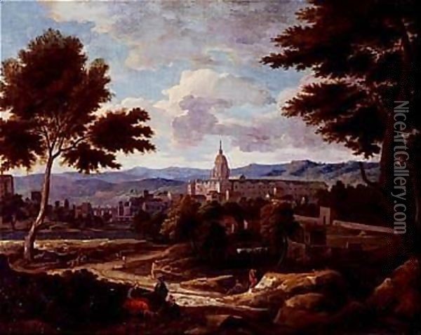 Southern landscape with figures and monastery in distance Oil Painting - Etienne Allegrain