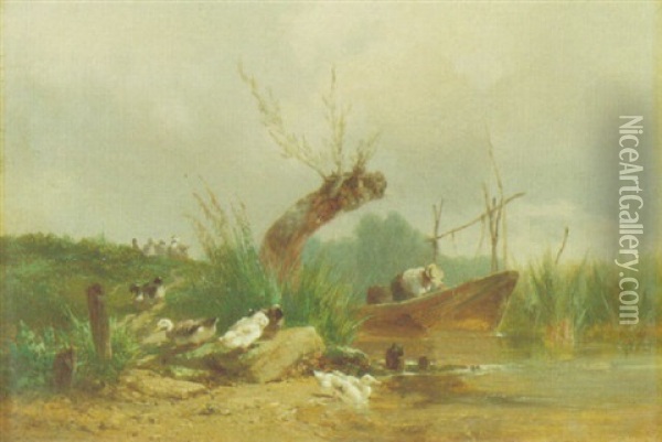 Ducks Wading By A Stream Oil Painting - Theophile Victor Emile Lemmens