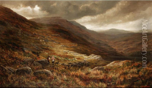 Llyn Cwm Fynnon Pen Y Gwryd, North Wales Oil Painting - Henry W. Henley