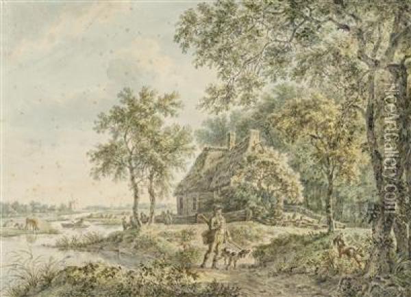 A Hunter Next To A Hut At A River Oil Painting - Jurriaan Andriessen