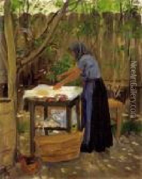 Woman Ironing Oil Painting - Aladar Korosfoi Kriesch