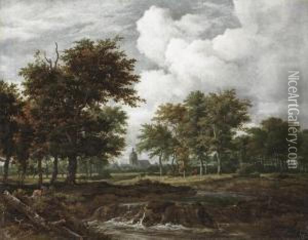 A Wooded Landscape With A Shepherd And His Flock Near A Waterfall, A Town Beyond Oil Painting - Jacob Van Ruisdael