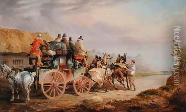Mail Coaches on the Road The Quicksilver Devonport London Royal Mail about to Start with a New Team Oil Painting - Charles Cooper Henderson