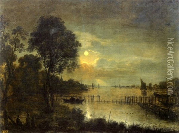 Paysage De Riviere Au Clair De Lune Oil Painting - Aert van der Neer