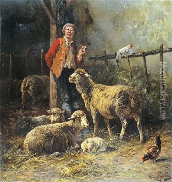 Homme Dans Une Grange De Moutons Oil Painting - David Col