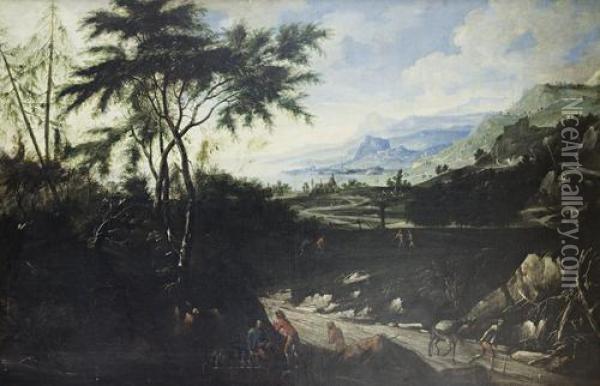 An Extensive Landscape With Falconers Resting Beside A Country Path In The Foreground, A Mountainous Coast Beyond Oil Painting - Anton Faistenberger