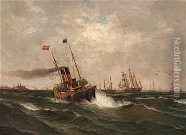 Livlig Trafik I Sundet Med Dansk Dampskib (oresundsdamperen Horatio?) Oil Painting - Daniel Hermann Anton Melbye
