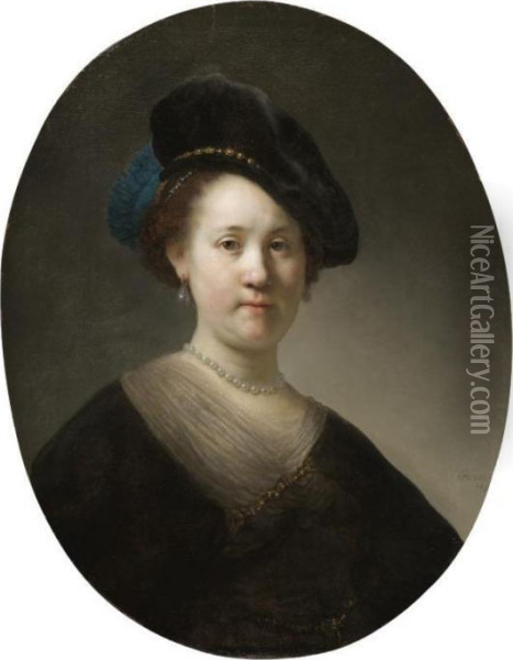 Portrait Of A Young Woman With A Black Cap Oil Painting - Rembrandt Van Rijn
