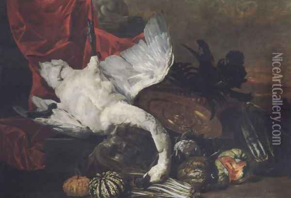 Elaborate still life with fruits, vegetables, a salver and a swan before a draped pedestal, a landscape beyond Oil Painting - Peeter Boel