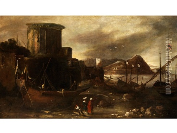 Kustenlandschaft Mit Antiken Gebauden Oberhalb Einer Hafenbucht Oil Painting - Agostino Tassi
