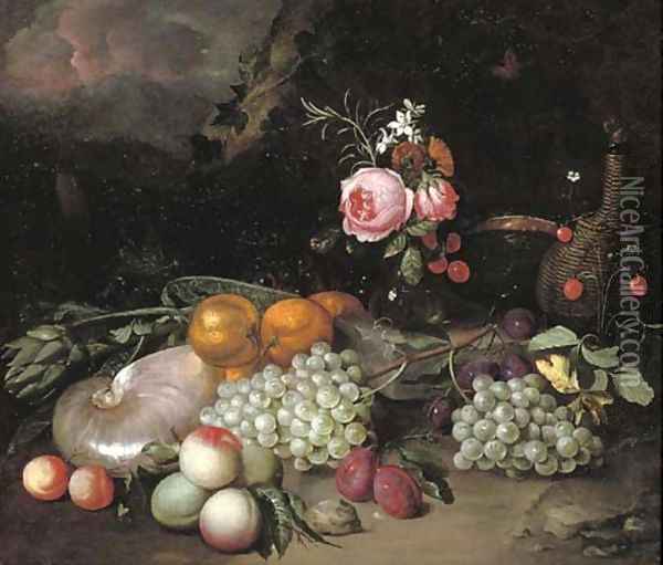 A nautilus shell, an artichoke, oranges, peaches, grapes, a vase with flowers, plums and a bottle in a landscape Oil Painting - Jan Pauwel II the Younger Gillemans