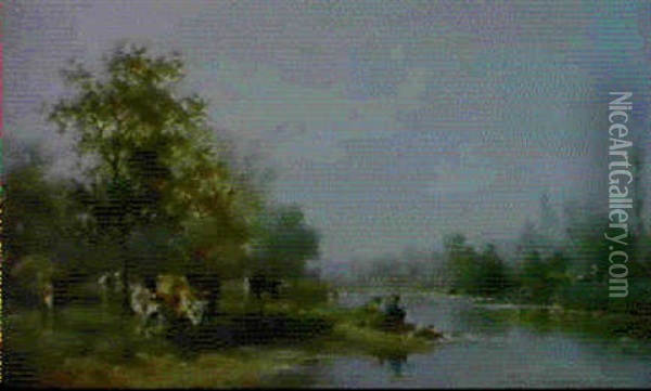 Romantische Flusslandschaft An Einem Sommertag Oil Painting - Karl Girardet
