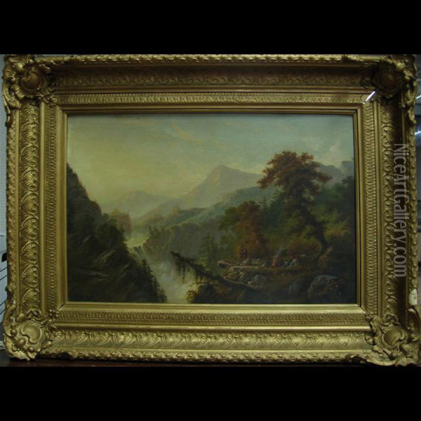 View Of The Rocky Mountains (with Indian Encampment) Oil Painting - Alexander Francois Loemans