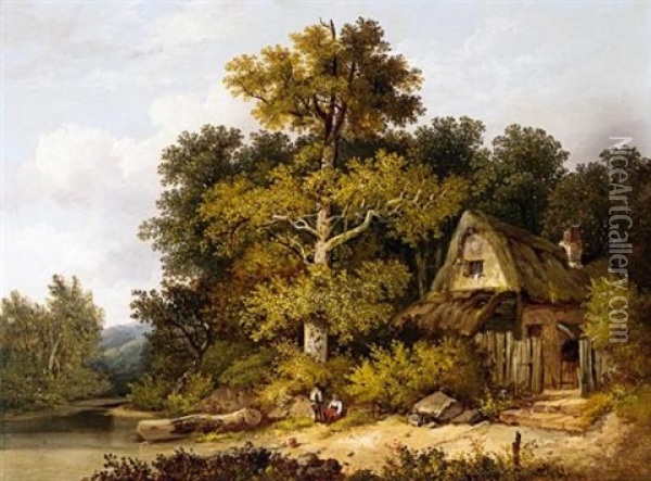Travellers Resting By A Cottage In A Wooded Landscape Oil Painting - John Berney Ladbrooke