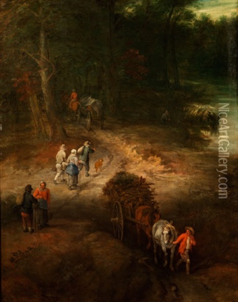 Waldrand Am Flusslauf Mit Mehreren Bauersleuten Auf Einem Waldweg Oil Painting - Theobald Michau